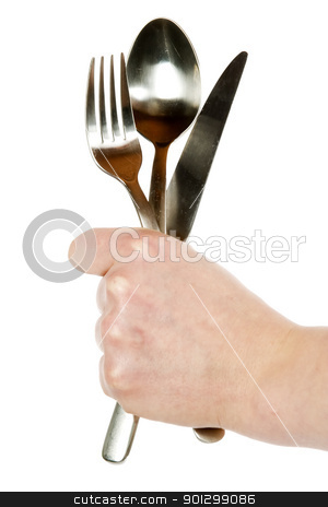 To use this stock image in your creative project, please select the size you need over to the right and click the "Add to Cart" button.
Your downloaded image will come with the Cutcaster watermark removed so don’t worry about the watermark you see on this page. Knife, Fork and Spoon stock photo, A knife, fork and spoon being held by a womans hand. Isolated on white with clipping path. by Tyler Olson