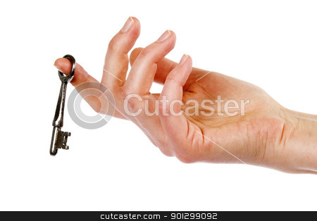 To use this stock image in your creative project, please select the size you need over to the right and click the "Add to Cart" button.
Your downloaded image will come with the Cutcaster watermark removed so don’t worry about the watermark you see on this page. Key in Hand stock photo, A concept image of a womans hand holding a key, dangling on one finger. Isolated on white with clipping mask. by Tyler Olson
