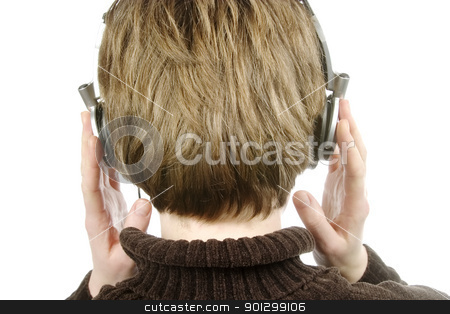 To use this stock image in your creative project, please select the size you need over to the right and click the "Add to Cart" button.
Your downloaded image will come with the Cutcaster watermark removed so don’t worry about the watermark you see on this page. Headphones stock photo, The back of a person head who is listening to music with large earphones. Isolated on white with clipping path. by Tyler Olson