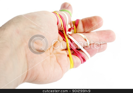 To use this stock image in your creative project, please select the size you need over to the right and click the "Add to Cart" button.
Your downloaded image will come with the Cutcaster watermark removed so don’t worry about the watermark you see on this page. Rubber Band Tangle stock photo, A male hand tangled in a mess of rubber bands. Isolated on white with clipping path. by Tyler Olson