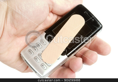 To use this stock image in your creative project, please select the size you need over to the right and click the "Add to Cart" button.
Your downloaded image will come with the Cutcaster watermark removed so don’t worry about the watermark you see on this page. Cell Phone Damage stock photo, A cell phone with an adhesive bandage being held in a males hand, isolated on white with clipping path. by Tyler Olson