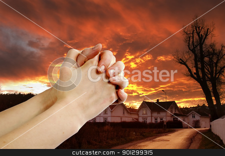 To use this stock image in your creative project, please select the size you need over to the right and click the "Add to Cart" button.
Your downloaded image will come with the Cutcaster watermark removed so don’t worry about the watermark you see on this page. Prayer Warrior stock photo, Hands praying with a dramatic red sky overa small town; prayer warrior. by Tyler Olson