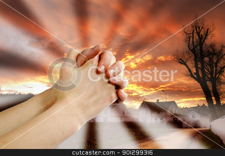 To use this stock image in your creative project, please select the size you need over to the right and click the "Add to Cart" button.
Your downloaded image will come with the Cutcaster watermark removed so don’t worry about the watermark you see on this page. Prayer Warrior stock photo, Hands praying with a dramatic red sky overa small town; prayer warrior. by Tyler Olson