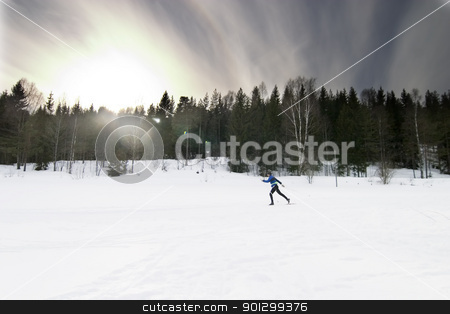 To use this stock image in your creative project, please select the size you need over to the right and click the "Add to Cart" button.
Your downloaded image will come with the Cutcaster watermark removed so don’t worry about the watermark you see on this page. Skiing stock photo, Skiing on a bright sunny day. A winter landscape looking into the sun with lens flare. by Tyler Olson