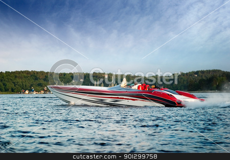 To use this stock image in your creative project, please select the size you need over to the right and click the "Add to Cart" button.
Your downloaded image will come with the Cutcaster watermark removed so don’t worry about the watermark you see on this page. Luxury Speedboat stock photo, A very large speedboat crusing on a lake. by Tyler Olson