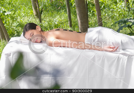 To use this stock image in your creative project, please select the size you need over to the right and click the "Add to Cart" button.
Your downloaded image will come with the Cutcaster watermark removed so don’t worry about the watermark you see on this page. Young female receiving hot stone therapy stock photo, Beautiful young lady receiving hot stone therapy by Tyler Olson