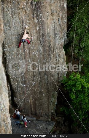 To use this stock image in your creative project, please select the size you need over to the right and click the "Add to Cart" button.
Your downloaded image will come with the Cutcaster watermark removed so don’t worry about the watermark you see on this page. Male Rock Climber stock photo, A male climber against a large rock face climbing lead. by Tyler Olson