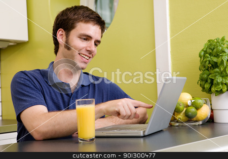 To use this stock image in your creative project, please select the size you need over to the right and click the "Add to Cart" button.
Your downloaded image will come with the Cutcaster watermark removed so don’t worry about the watermark you see on this page. Funny Computer stock photo, A young male using a laptop computer in the kicthen, smiling and laughing at what he sees by Tyler Olson