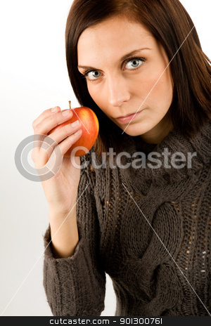 To use this stock image in your creative project, please select the size you need over to the right and click the "Add to Cart" button.
Your downloaded image will come with the Cutcaster watermark removed so don’t worry about the watermark you see on this page. Woman eating Apple stock photo, A female eating an apple by Tyler Olson