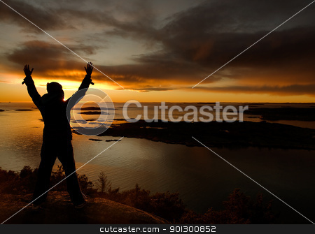 To use this stock image in your creative project, please select the size you need over to the right and click the "Add to Cart" button.
Your downloaded image will come with the Cutcaster watermark removed so don’t worry about the watermark you see on this page. Ocean Celebration stock photo, A person standing by the ocean raising their arms in celebration by Tyler Olson