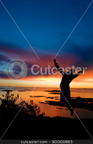 To use this stock image in your creative project, please select the size you need over to the right and click the "Add to Cart" button.
Your downloaded image will come with the Cutcaster watermark removed so don’t worry about the watermark you see on this page. Ocean Cheer stock photo, A person jumping by the ocean raising their arms in celebration with slight motion blur on the hands. by Tyler Olson