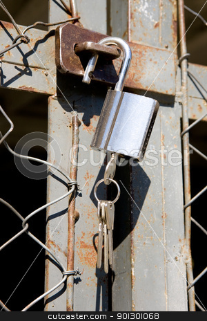 To use this stock image in your creative project, please select the size you need over to the right and click the "Add to Cart" button.
Your downloaded image will come with the Cutcaster watermark removed so don’t worry about the watermark you see on this page. Heavy Padlock stock photo, A heavy lock on a wire gate - open padlock with keys by Tyler Olson
