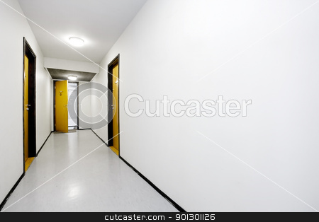 To use this stock image in your creative project, please select the size you need over to the right and click the "Add to Cart" button.
Your downloaded image will come with the Cutcaster watermark removed so don’t worry about the watermark you see on this page. Hallway stock photo, A sterile empty hallway with a single door open by Tyler Olson