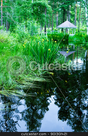 To use this stock image in your creative project, please select the size you need over to the right and click the "Add to Cart" button.
Your downloaded image will come with the Cutcaster watermark removed so don’t worry about the watermark you see on this page. Garden Paradise stock photo, A garden with pond and gazebo by Tyler Olson