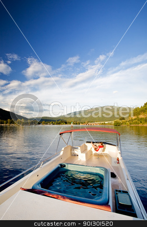 To use this stock image in your creative project, please select the size you need over to the right and click the "Add to Cart" button.
Your downloaded image will come with the Cutcaster watermark removed so don’t worry about the watermark you see on this page. Woman on Yacht stock photo, A young woman driving a yacht from the upper helm by Tyler Olson