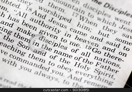 To use this stock image in your creative project, please select the size you need over to the right and click the "Add to Cart" button.
Your downloaded image will come with the Cutcaster watermark removed so don’t worry about the watermark you see on this page. Mathew 28:19 stock photo, Mathew 28:19 - A popular passage in the Christian New Testament by Tyler Olson