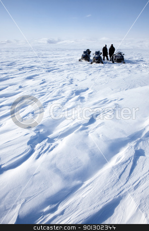 To use this stock image in your creative project, please select the size you need over to the right and click the "Add to Cart" button.
Your downloaded image will come with the Cutcaster watermark removed so don’t worry about the watermark you see on this page. Snowmobile Expedition stock photo, A barren winter landscape with a group of people on a snowmobile expedition by Tyler Olson