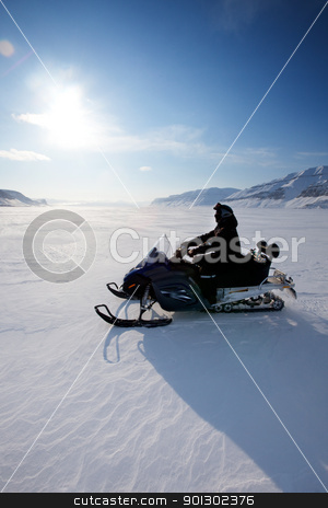 To use this stock image in your creative project, please select the size you need over to the right and click the "Add to Cart" button.
Your downloaded image will come with the Cutcaster watermark removed so don’t worry about the watermark you see on this page. Snowmobile stock photo, A snowmobile on frozen ice on a barren winter landscape by Tyler Olson