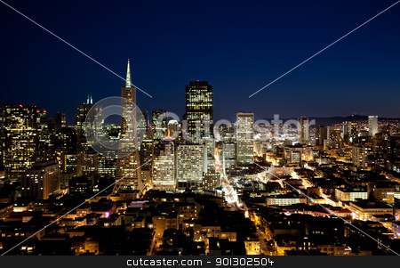 To use this stock image in your creative project, please select the size you need over to the right and click the "Add to Cart" button.
Your downloaded image will come with the Cutcaster watermark removed so don’t worry about the watermark you see on this page. San Francisco stock photo, Night cityscape of San Francisco business district by Tyler Olson