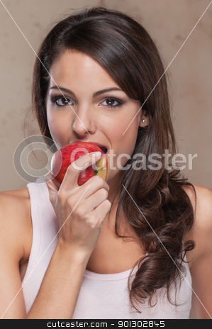 To use this stock image in your creative project, please select the size you need over to the right and click the "Add to Cart" button.
Your downloaded image will come with the Cutcaster watermark removed so don’t worry about the watermark you see on this page. Beautiful young woman eating an apple stock photo, Portrait of beautiful young woman eating an apple by Tyler Olson