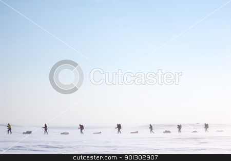 To use this stock image in your creative project, please select the size you need over to the right and click the "Add to Cart" button.
Your downloaded image will come with the Cutcaster watermark removed so don’t worry about the watermark you see on this page. Arctic Expedition stock photo, A group of adventurers on a arctic expedition by Tyler Olson