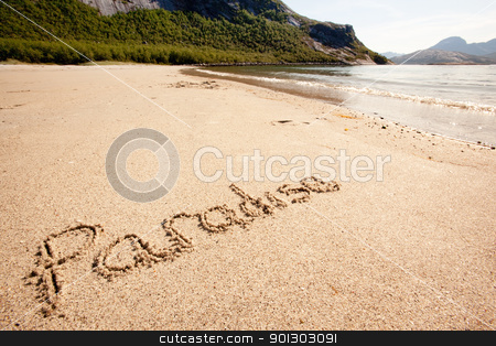 To use this stock image in your creative project, please select the size you need over to the right and click the "Add to Cart" button.
Your downloaded image will come with the Cutcaster watermark removed so don’t worry about the watermark you see on this page. Paradise Island stock photo, The word paradise written in the sand on a beautiful island by Tyler Olson