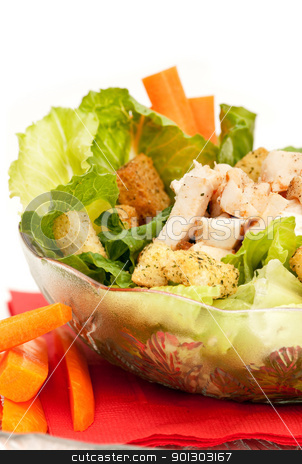 To use this stock image in your creative project, please select the size you need over to the right and click the "Add to Cart" button.
Your downloaded image will come with the Cutcaster watermark removed so don’t worry about the watermark you see on this page. Chicken Caesar Salad stock photo, A bowl of chicken Caesar salad isolated on white by Tyler Olson