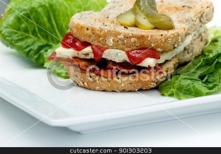 To use this stock image in your creative project, please select the size you need over to the right and click the "Add to Cart" button.
Your downloaded image will come with the Cutcaster watermark removed so don’t worry about the watermark you see on this page. Denver Sandwich stock photo, A Western Sandwich (Denver Sandwich) made of omelette and bacon served on brown toast. by Tyler Olson