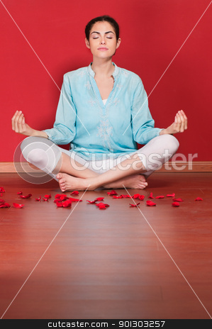 To use this stock image in your creative project, please select the size you need over to the right and click the "Add to Cart" button.
Your downloaded image will come with the Cutcaster watermark removed so don’t worry about the watermark you see on this page. Woman performing yoga stock photo, Female practicing yoga in the lotus position against colored background by Tyler Olson
