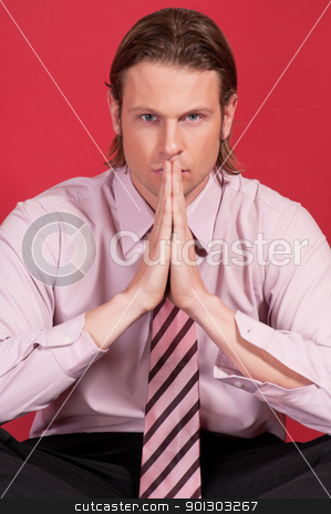 To use this stock image in your creative project, please select the size you need over to the right and click the "Add to Cart" button.
Your downloaded image will come with the Cutcaster watermark removed so don’t worry about the watermark you see on this page. Thoughtful businessman with hand clasped stock photo, Portrait of a thoughtful businessman with hand clasped against red background by Tyler Olson