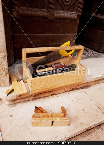To use this stock image in your creative project, please select the size you need over to the right and click the "Add to Cart" button.
Your downloaded image will come with the Cutcaster watermark removed so don’t worry about the watermark you see on this page. Old Wood Working Tools stock photo, Old wood working tools on stone steps of a building by Tyler Olson