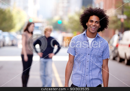 To use this stock image in your creative project, please select the size you need over to the right and click the "Add to Cart" button.
Your downloaded image will come with the Cutcaster watermark removed so don’t worry about the watermark you see on this page. Happy African American Man stock photo, A happy young adult in a city setting with friends by Tyler Olson