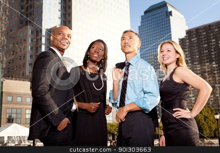 To use this stock image in your creative project, please select the size you need over to the right and click the "Add to Cart" button.
Your downloaded image will come with the Cutcaster watermark removed so don’t worry about the watermark you see on this page. Business Future stock photo, A group of business people looking out of the frame - future concept by Tyler Olson