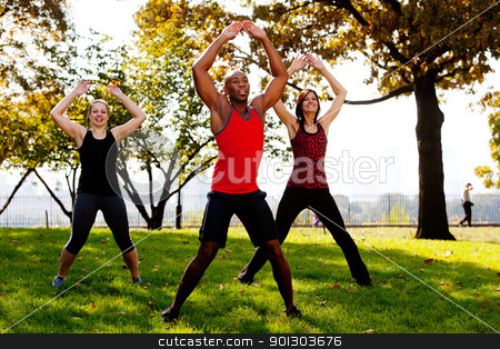 To use this stock image in your creative project, please select the size you need over to the right and click the "Add to Cart" button.
Your downloaded image will come with the Cutcaster watermark removed so don’t worry about the watermark you see on this page. Jumping Jacks stock photo, A group of people doing jumping jacks in the park by Tyler Olson