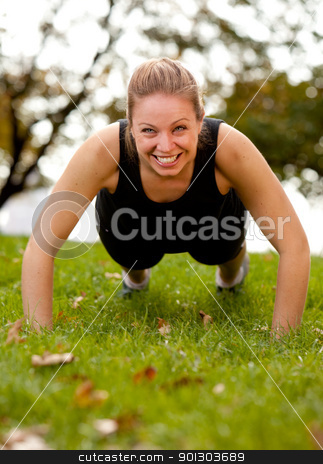 To use this stock image in your creative project, please select the size you need over to the right and click the "Add to Cart" button.
Your downloaded image will come with the Cutcaster watermark removed so don’t worry about the watermark you see on this page. Exercise Park stock photo, A woman doing push-ups in the park by Tyler Olson