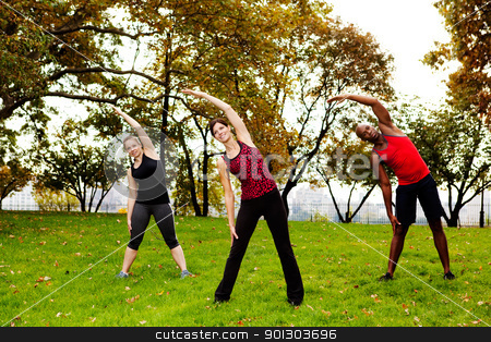 To use this stock image in your creative project, please select the size you need over to the right and click the "Add to Cart" button.
Your downloaded image will come with the Cutcaster watermark removed so don’t worry about the watermark you see on this page. Fitness park stock photo, A group of people stretching in a park by Tyler Olson