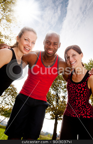 To use this stock image in your creative project, please select the size you need over to the right and click the "Add to Cart" button.
Your downloaded image will come with the Cutcaster watermark removed so don’t worry about the watermark you see on this page. Fitness Friends stock photo, A group of frIends exercising in the park on a warm sunny day by Tyler Olson