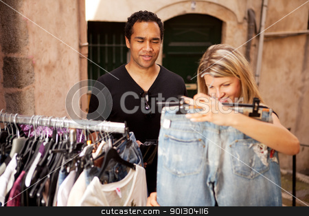 To use this stock image in your creative project, please select the size you need over to the right and click the "Add to Cart" button.
Your downloaded image will come with the Cutcaster watermark removed so don’t worry about the watermark you see on this page. Epensive Clothes Shopping stock photo, A woman shopping for expensive clothes, shallow depth of field - focus on man by Tyler Olson