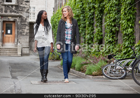 To use this stock image in your creative project, please select the size you need over to the right and click the "Add to Cart" button.
Your downloaded image will come with the Cutcaster watermark removed so don’t worry about the watermark you see on this page. Young female friends having a chat while walking stock photo, Two young friends having a casual chat while walking on street by Tyler Olson
