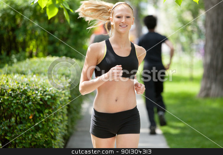 To use this stock image in your creative project, please select the size you need over to the right and click the "Add to Cart" button.
Your downloaded image will come with the Cutcaster watermark removed so don’t worry about the watermark you see on this page. Portrait of a woman jogging stock photo, Beautiful woman running in park with people in the background by Tyler Olson