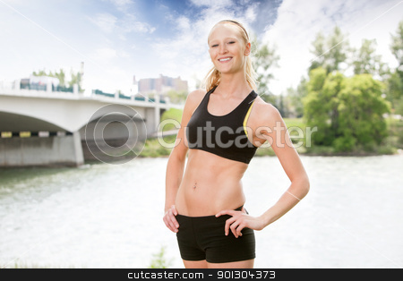 To use this stock image in your creative project, please select the size you need over to the right and click the "Add to Cart" button.
Your downloaded image will come with the Cutcaster watermark removed so don’t worry about the watermark you see on this page. Portrait of woman in sportswear stock photo, Portrait of beautiful woman smiling and posing against bridge by Tyler Olson