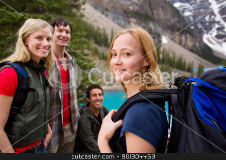 To use this stock image in your creative project, please select the size you need over to the right and click the "Add to Cart" button.
Your downloaded image will come with the Cutcaster watermark removed so don’t worry about the watermark you see on this page. Hiking Friends Outdoor stock photo, A group of friends hiking with a mountain landscape in the background by Tyler Olson