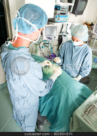 To use this stock image in your creative project, please select the size you need over to the right and click the "Add to Cart" button.
Your downloaded image will come with the Cutcaster watermark removed so don’t worry about the watermark you see on this page. Live Surgery stock photo, A team doing surgery in a small operating room by Tyler Olson