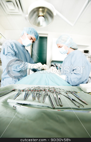 To use this stock image in your creative project, please select the size you need over to the right and click the "Add to Cart" button.
Your downloaded image will come with the Cutcaster watermark removed so don’t worry about the watermark you see on this page. Surgery Instruments stock photo, A row of sterile surgery instruments with live surgery being performed in the background by Tyler Olson