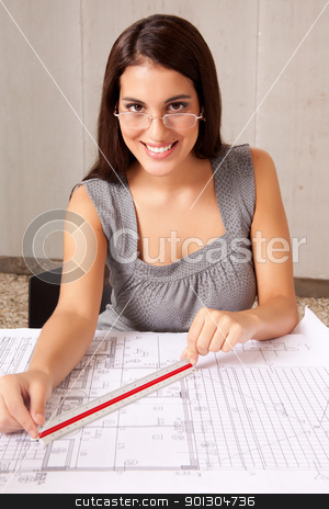 To use this stock image in your creative project, please select the size you need over to the right and click the "Add to Cart" button.
Your downloaded image will come with the Cutcaster watermark removed so don’t worry about the watermark you see on this page. Architect with Blueprints stock photo, An architecture checking measurements on a set of blueprints by Tyler Olson