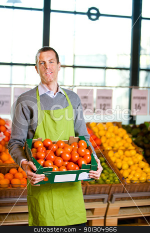 To use this stock image in your creative project, please select the size you need over to the right and click the "Add to Cart" button.
Your downloaded image will come with the Cutcaster watermark removed so don’t worry about the watermark you see on this page. Grocery Store Owner stock photo, A friendly grocery store owner with a box of ripe tomatoes by Tyler Olson