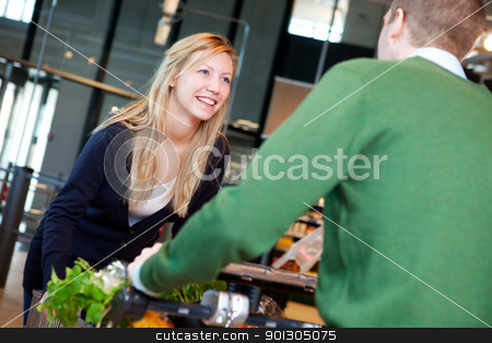 To use this stock image in your creative project, please select the size you need over to the right and click the "Add to Cart" button.
Your downloaded image will come with the Cutcaster watermark removed so don’t worry about the watermark you see on this page. Playful Couple in Supermarket stock photo, A man pushing a woman standing on a grocery cart by Tyler Olson