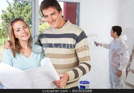 To use this stock image in your creative project, please select the size you need over to the right and click the "Add to Cart" button.
Your downloaded image will come with the Cutcaster watermark removed so don’t worry about the watermark you see on this page. Portrait of happy couple together stock photo, Portrait of happy couple together while painter painting the wall by Tyler Olson