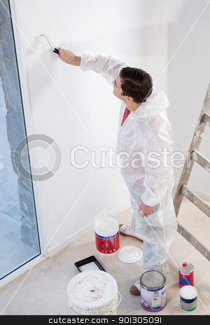 To use this stock image in your creative project, please select the size you need over to the right and click the "Add to Cart" button.
Your downloaded image will come with the Cutcaster watermark removed so don’t worry about the watermark you see on this page. Workman painting the wall with a roller stock photo, High angle view of workman painting the wall with a roller by Tyler Olson