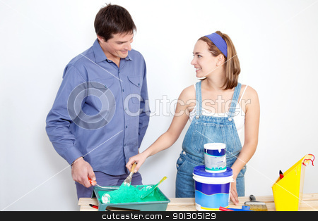 To use this stock image in your creative project, please select the size you need over to the right and click the "Add to Cart" button.
Your downloaded image will come with the Cutcaster watermark removed so don’t worry about the watermark you see on this page. Happy mature couple with painting tools stock photo, Happy mature couple with roller, paint and bucket on table at their new apartment by Tyler Olson